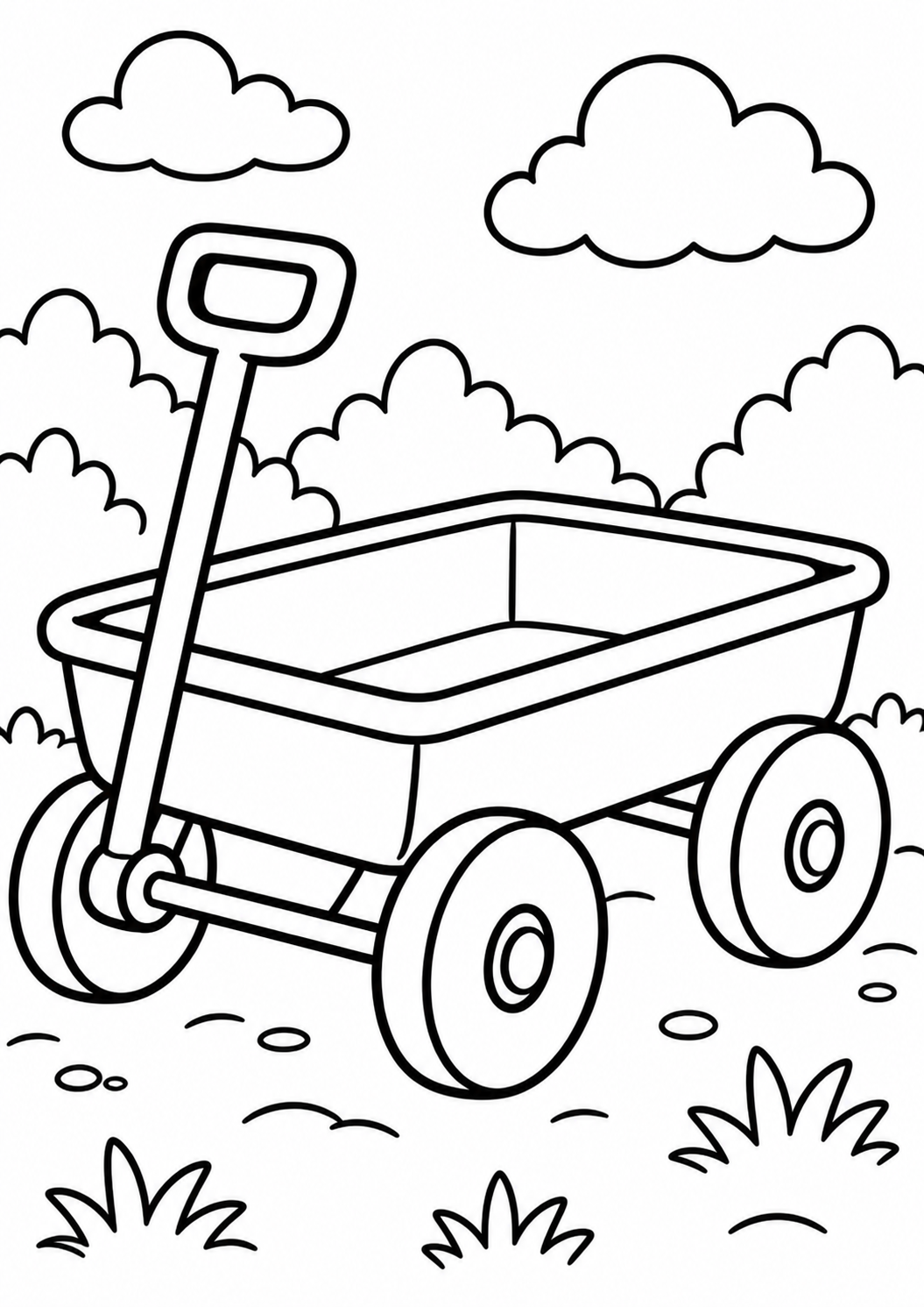 A children's coloring page depicting a classic wagon with large wheels in an outdoor scene. Kids can explore their creativity by coloring the wagon and the nature elements around it.