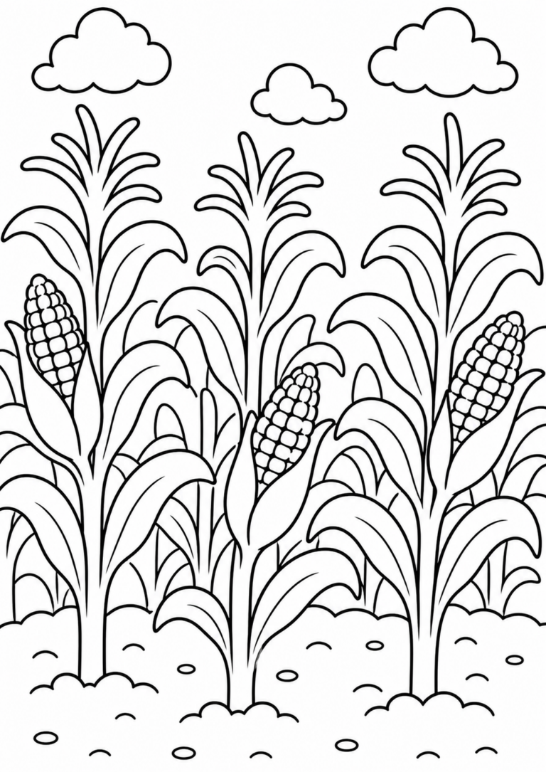 A children's coloring page showing a detailed cornfield scene with cornstalks and clouds, inviting kids to fill the natural landscape with color and creativity.