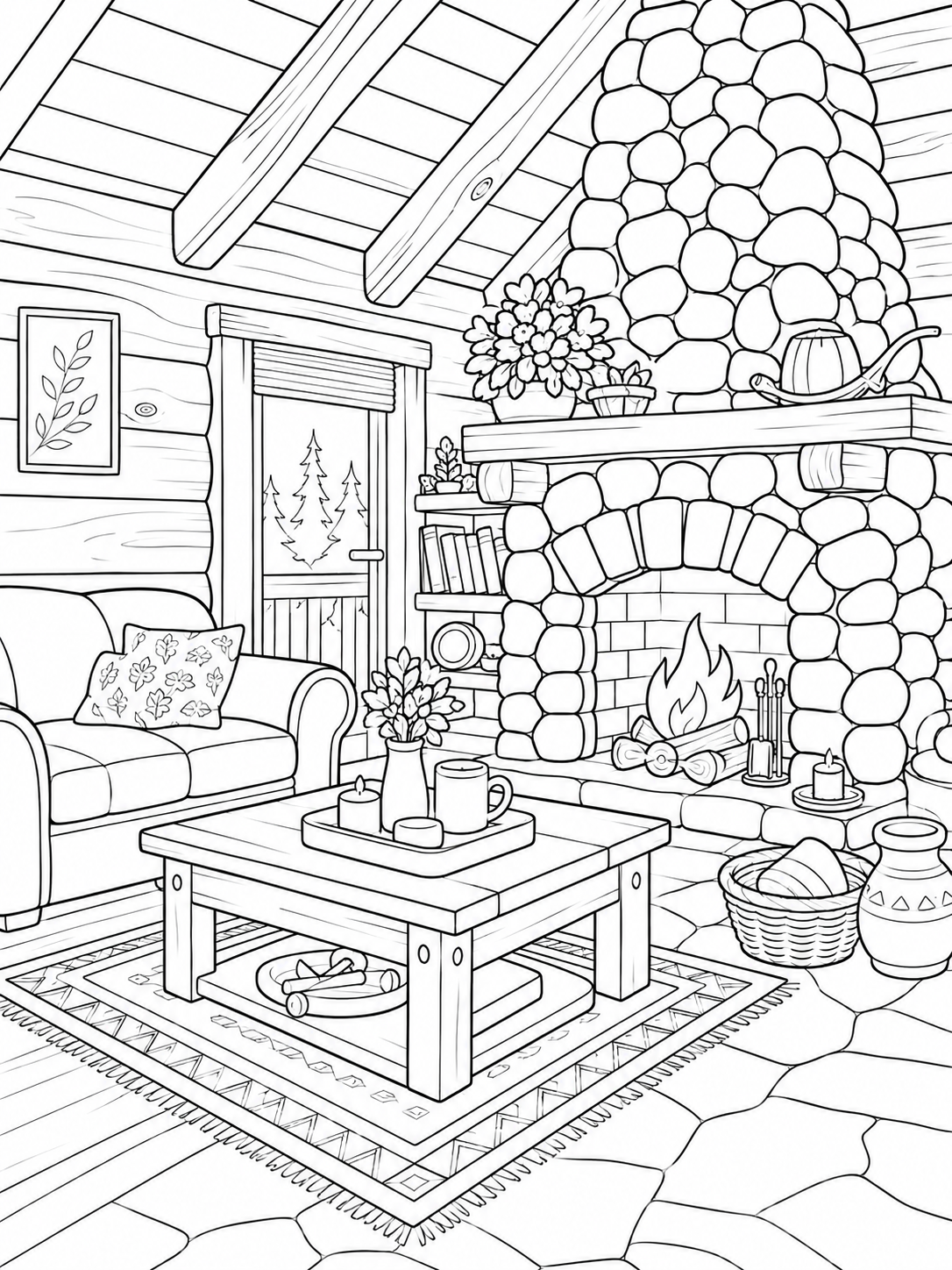 A cozy cabin interior featuring a stone fireplace, wooden beams, a comfortable sofa, and a wooden table with mugs and plants. Large windows show an outdoor forest scene, enhancing the warm and relaxing atmosphere perfect for coloring activity.
