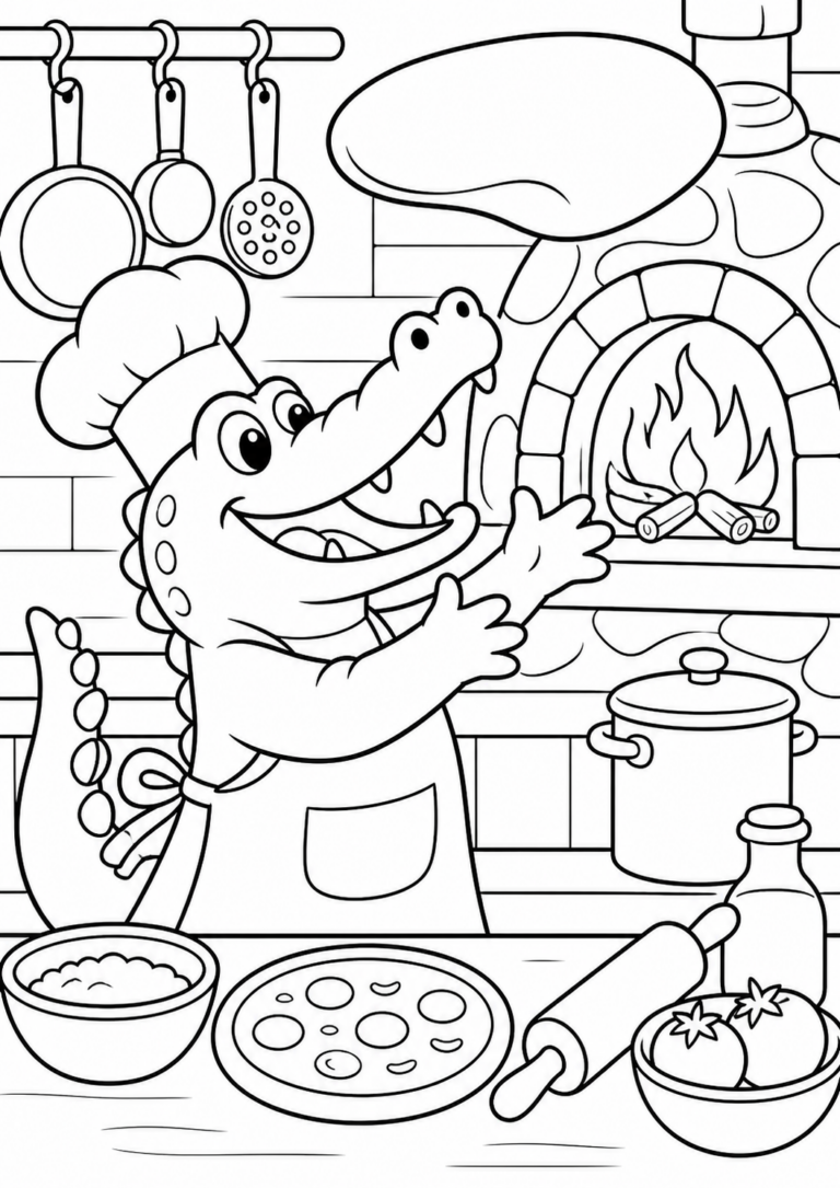 A delightful crocodile chef in a kitchen tossing pizza dough near a wood-fired oven. The scene includes cooking utensils, a pot, a bowl, and ingredients, creating a fun and engaging activity for kids to color and explore.