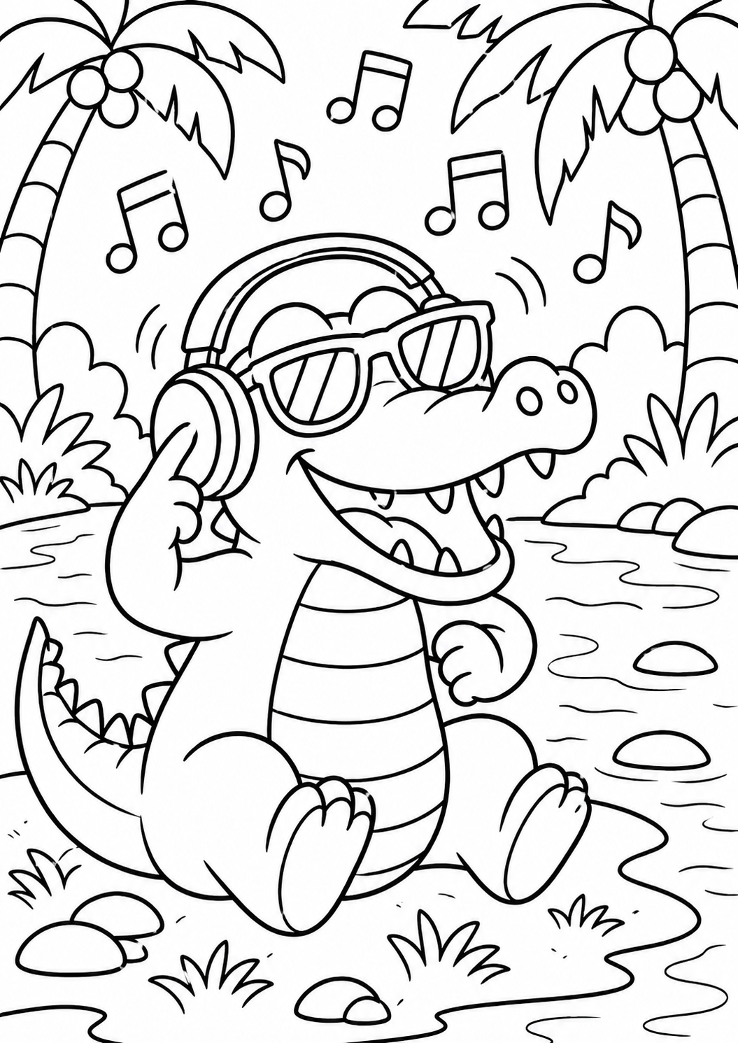 A cheerful crocodile in sunglasses and headphones enjoying music by a pond, surrounded by tropical palm trees, provides a fun coloring opportunity for children.