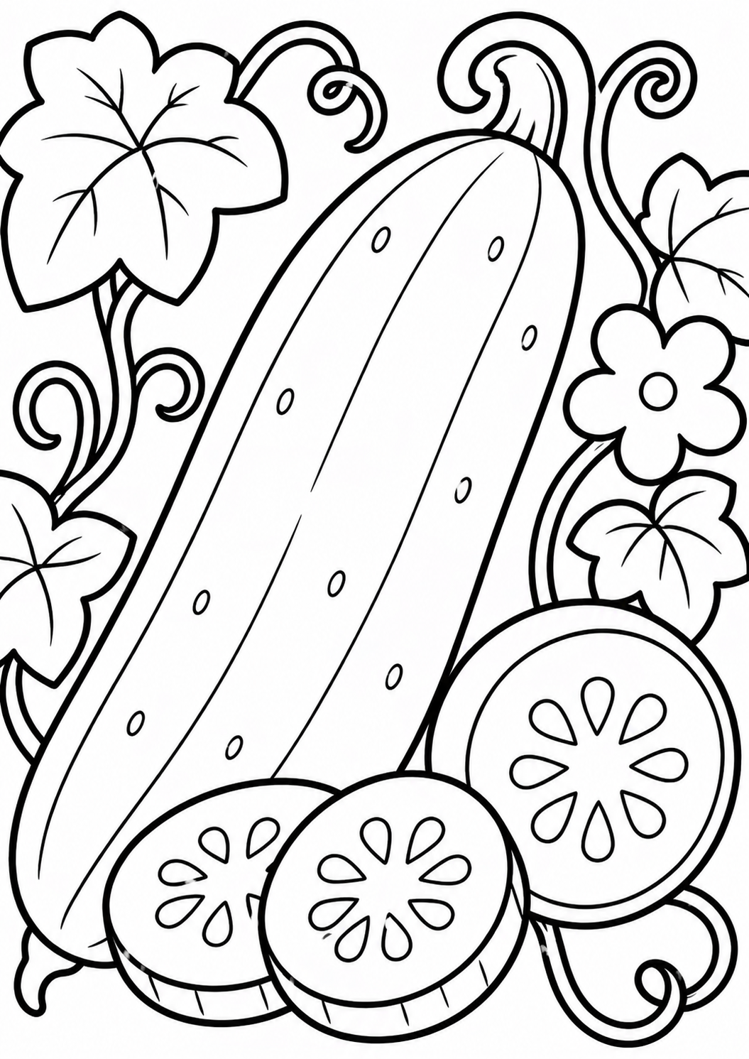 A detailed cucumber coloring page with a large cucumber, surrounding leaves, and flowers, offering a creative educational activity for children.