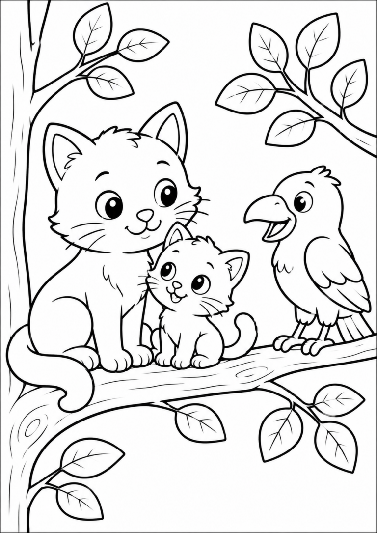 A charming coloring page depicting a big cat, a kitten, and a bird on a tree branch with leaves, highlighting the joy of animal friendship.