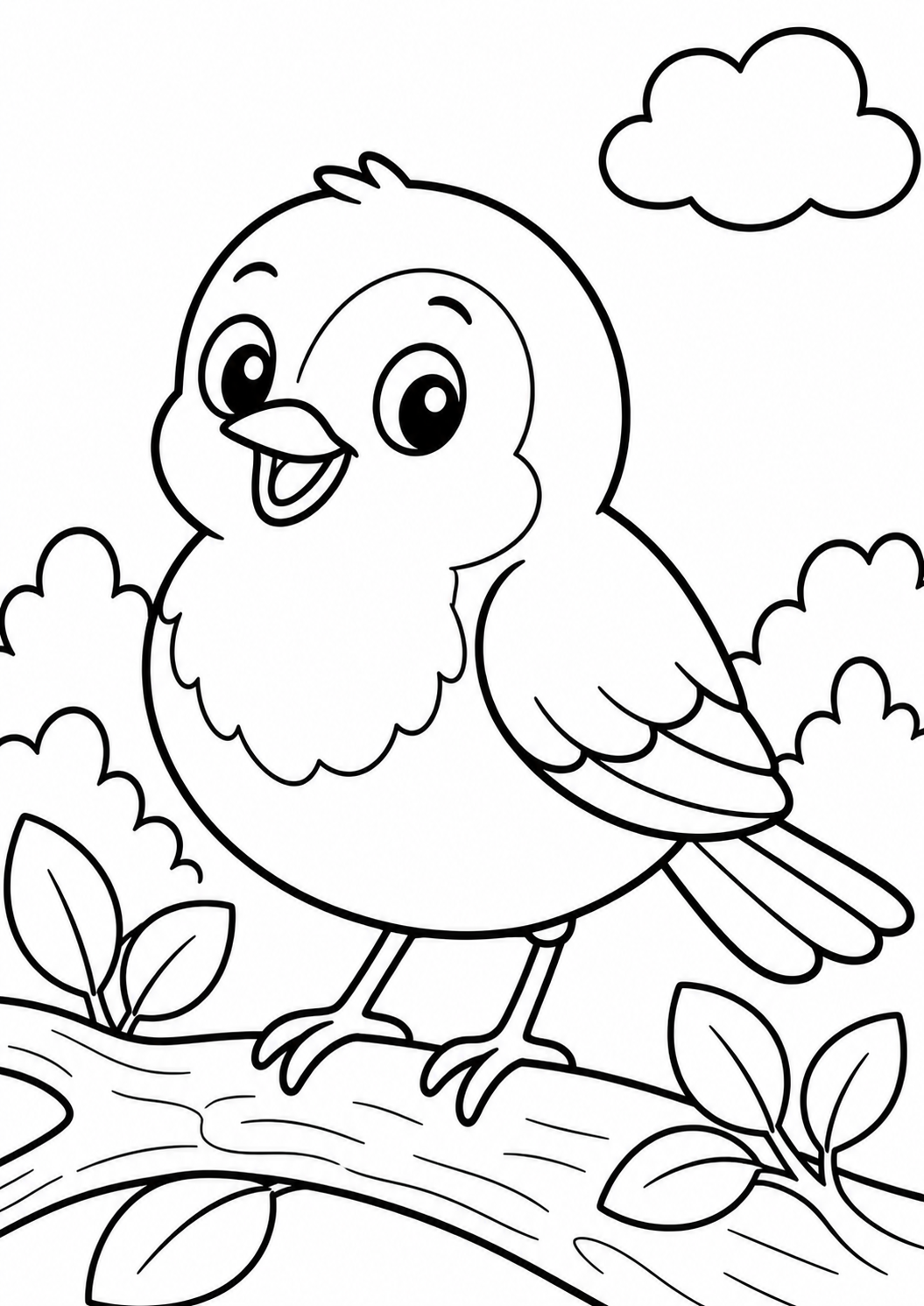A cheerful, cute bird perched on a branch with leaves around. The sky has fluffy clouds, creating a fun scene perfect for kids to color and use their imagination.