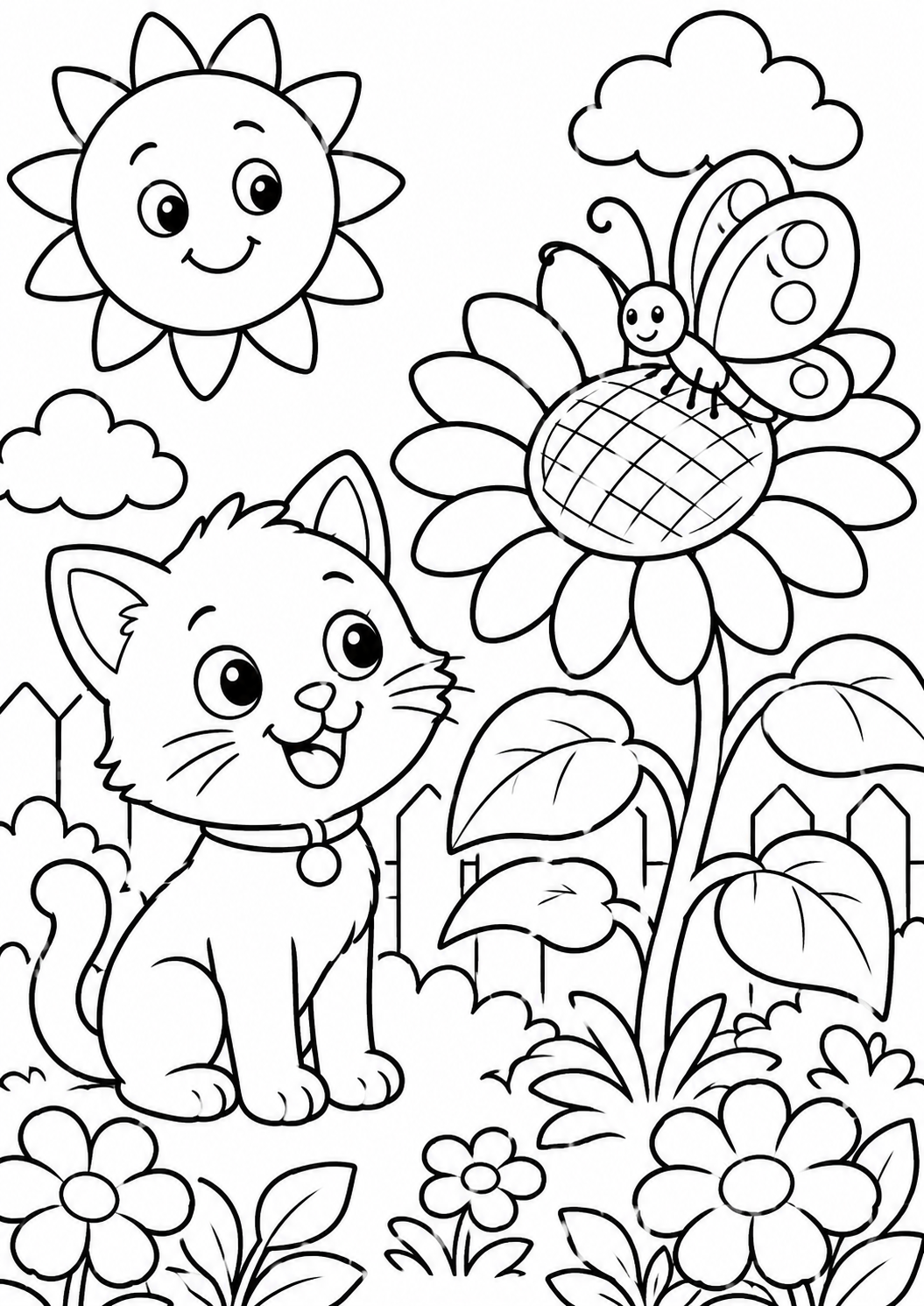 A cute cat in a garden with flowers, a butterfly on a sunflower, and a smiling sun overhead. Perfect coloring scene for children to explore nature and animals creatively.