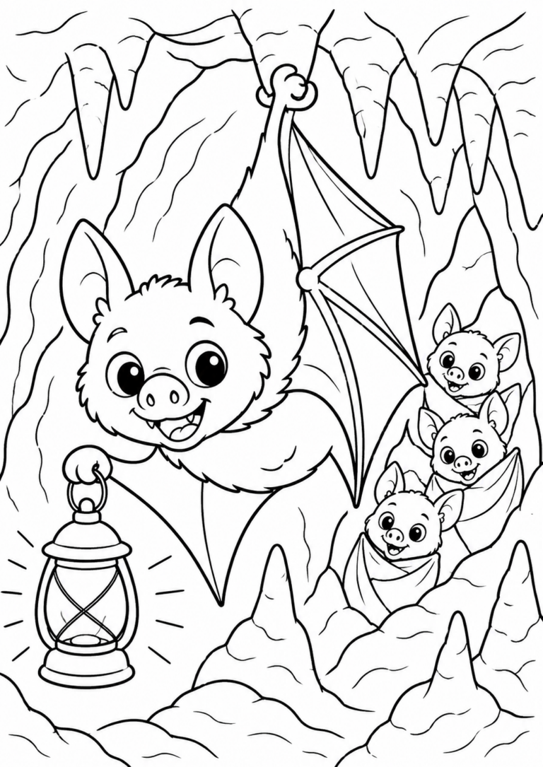 Children's coloring page with cute bats in a cave, one holding a lantern, perfect for young artists to explore a whimsical underground world.