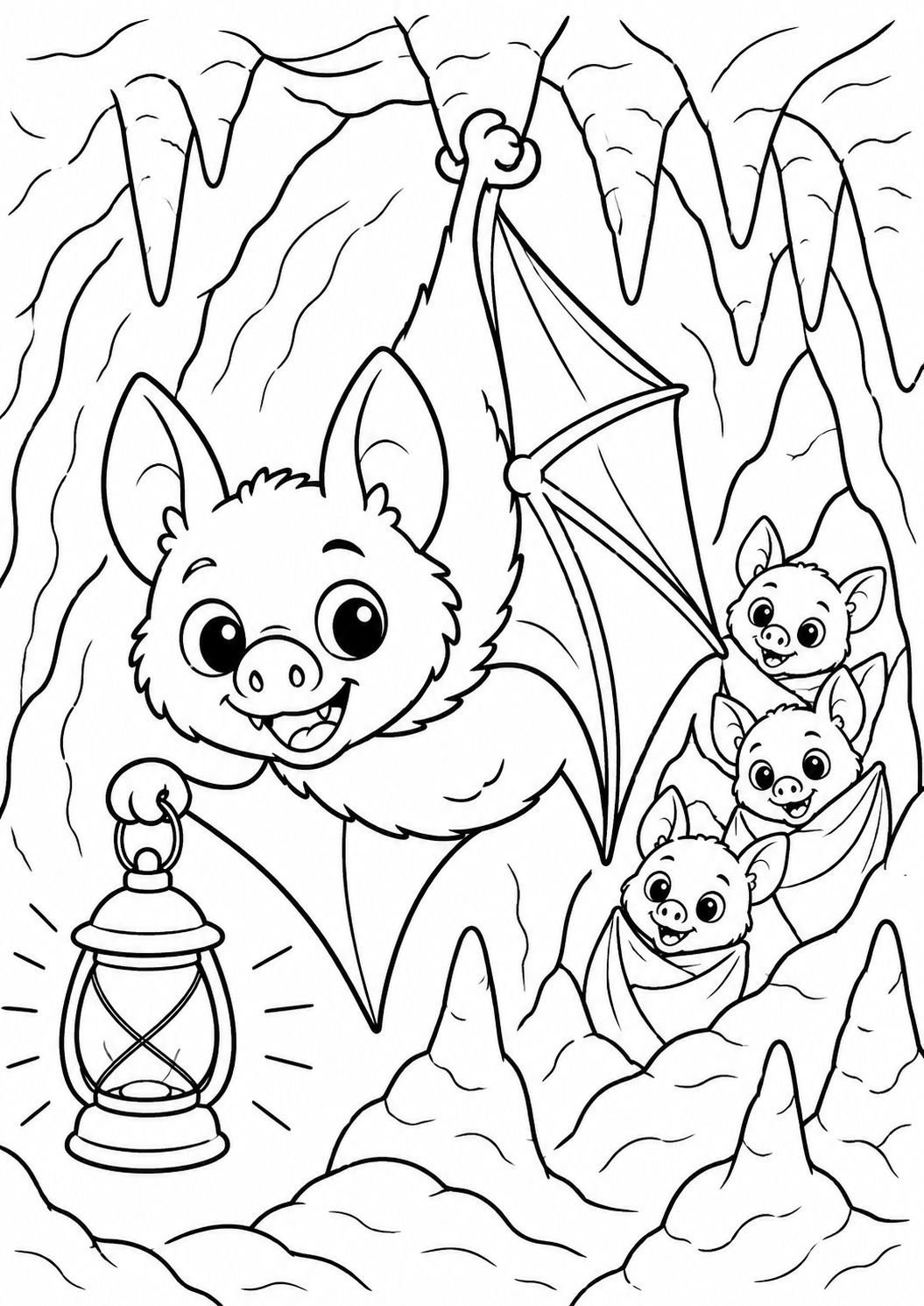 Children's coloring page with cute bats in a cave, one holding a lantern, perfect for young artists to explore a whimsical underground world.