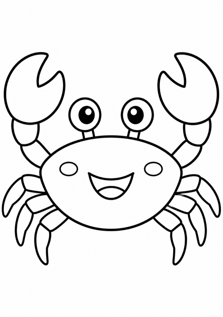 A cute crab with cartoon-like features, notably large eyes and a wide, cheerful smile, set against a simple background. Ideal for kids to color and explore marine life creatively.