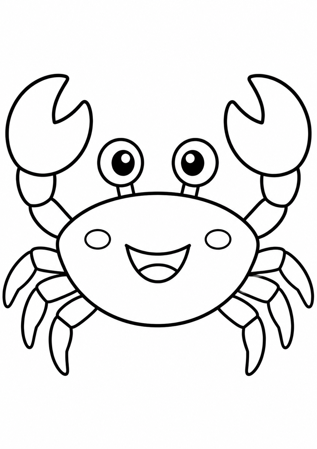 A cute crab with cartoon-like features, notably large eyes and a wide, cheerful smile, set against a simple background. Ideal for kids to color and explore marine life creatively.