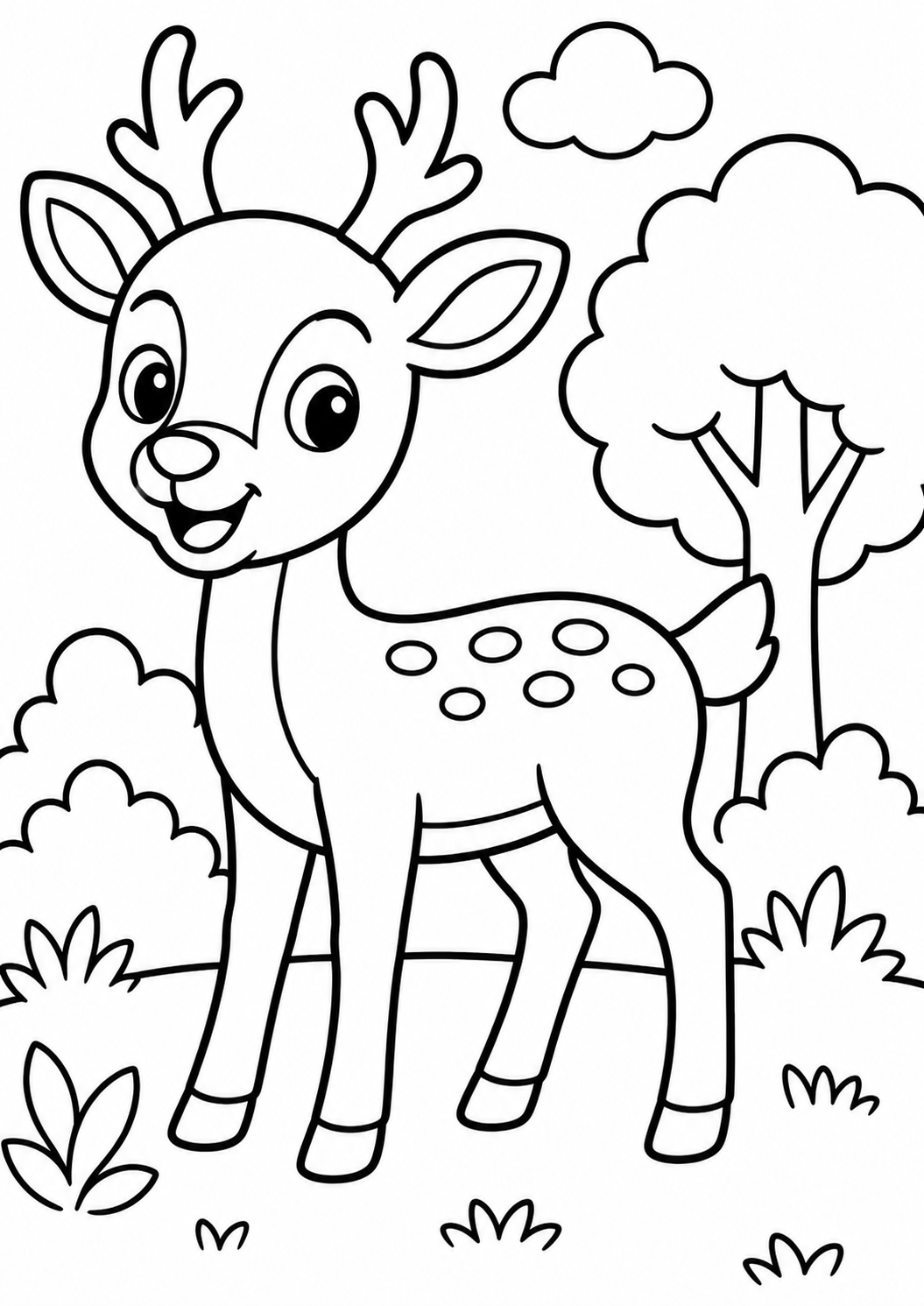 A cute deer with spots, standing in a forest with trees and clouds, perfectly crafted for a children's coloring page.