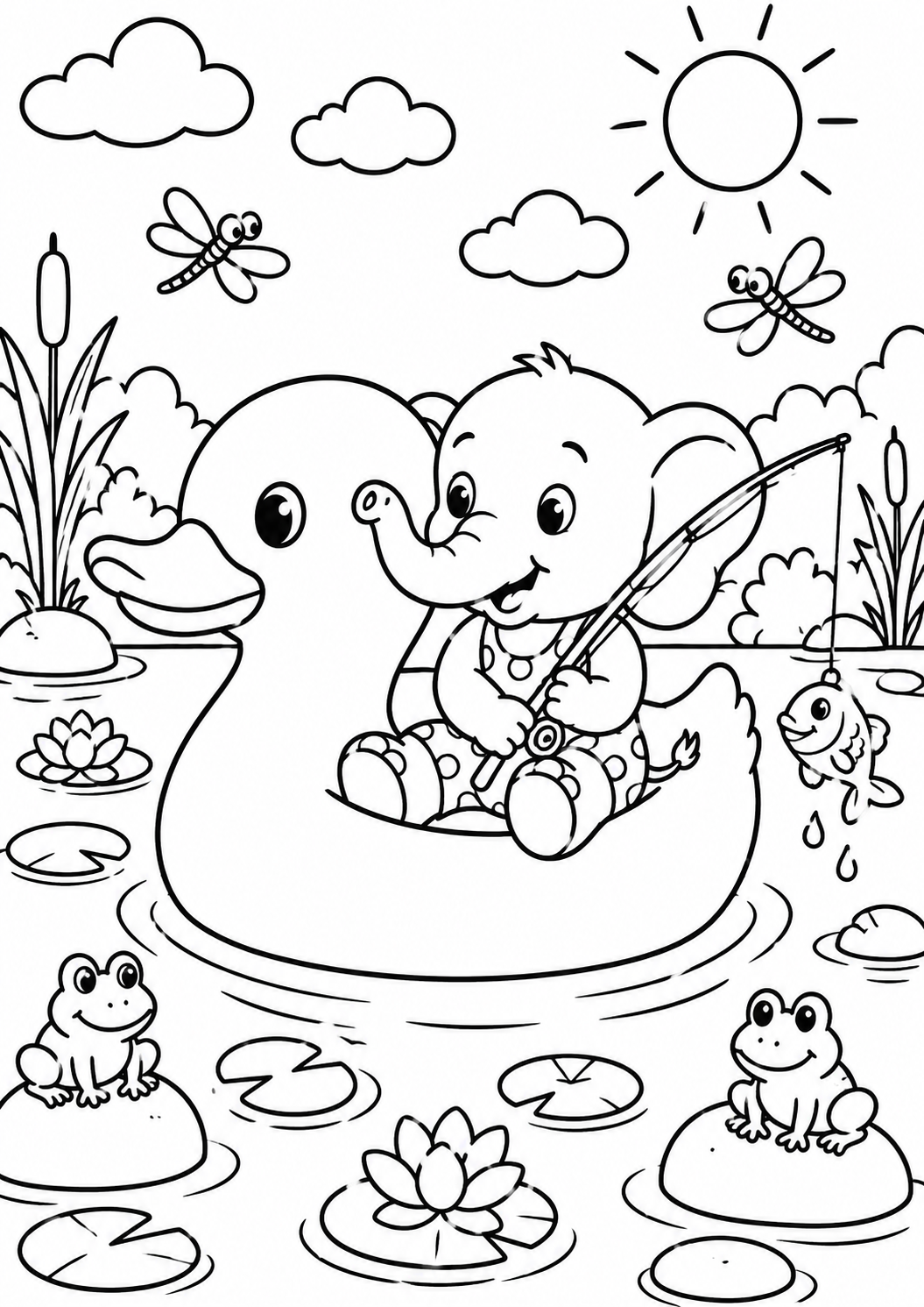 A cute cartoon elephant is joyfully fishing from a duck-shaped float. Lush greenery, lily pads, and cheerful frogs surround the pond. Dragonflies buzz under the sunny sky, creating a delightful scene for children to color.