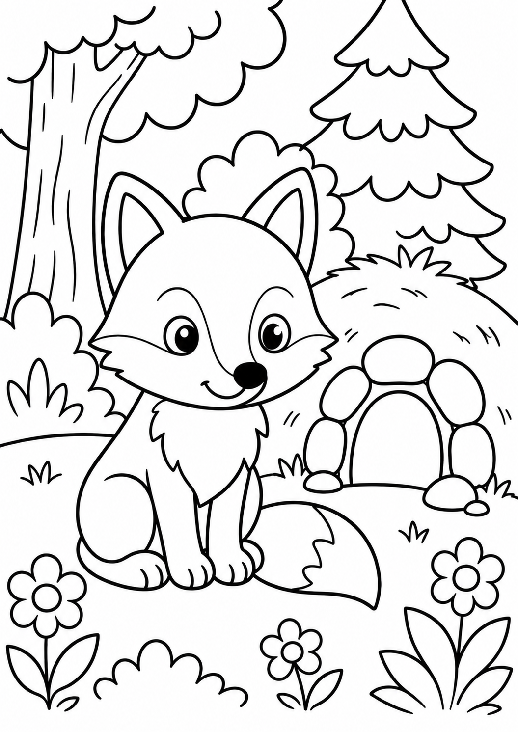Children can enjoy coloring a charming fox sitting in a forest setting. The fox is surrounded by trees, flowers, and a cozy den, creating an inviting scene for young artists.
