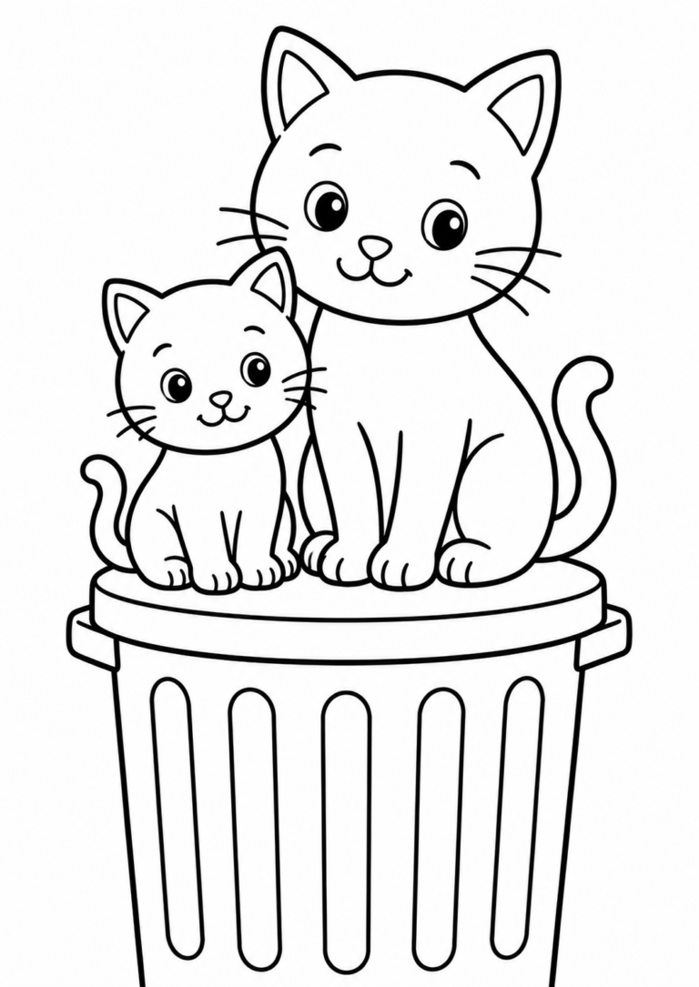 A coloring page depicting two adorable kittens sitting together on a trash can, designed for children to color and enjoy as a creative activity.