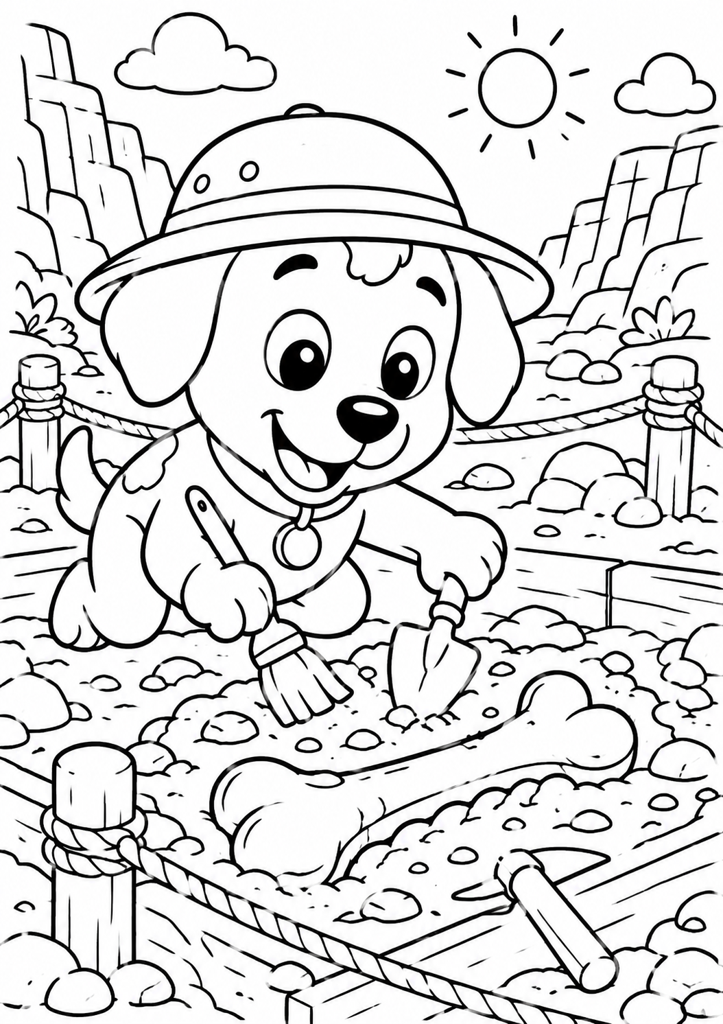 A cheerful dog archaeologist digging up a bone at an excavation site. The scene includes mountains, a bright sun, and a rope fence, creating a fun and adventurous setting for children to color.