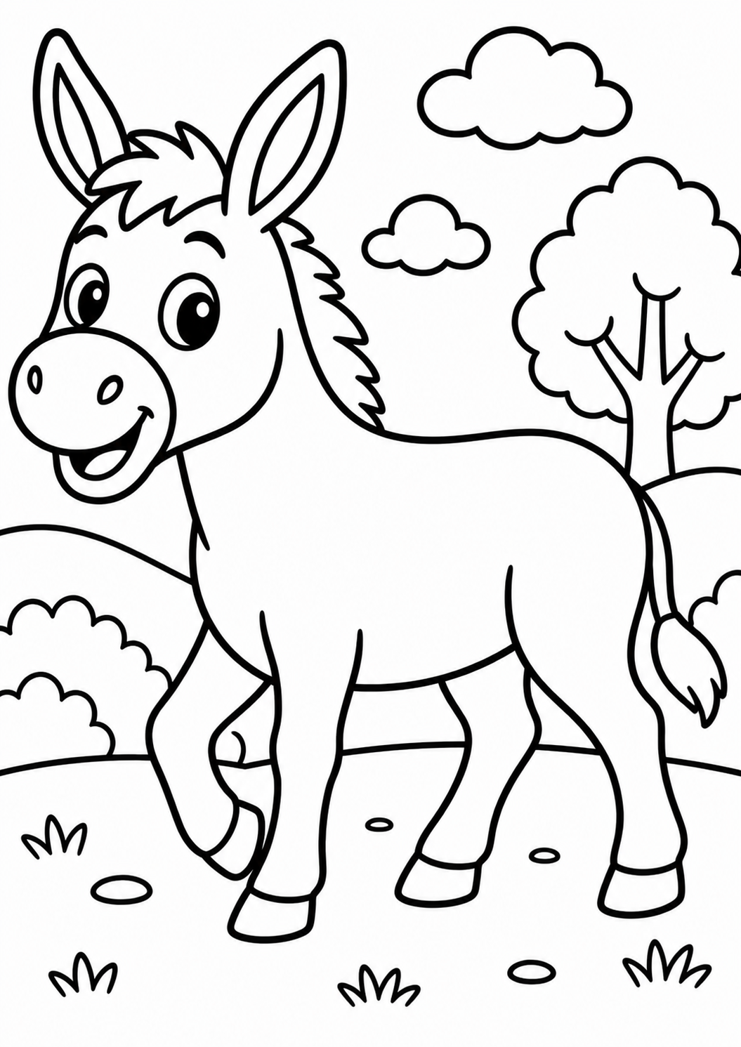 A delightful coloring page showcases a cheerful donkey standing in a field, complemented by gentle clouds and a tree, awaiting young artists to fill it with lively colors.