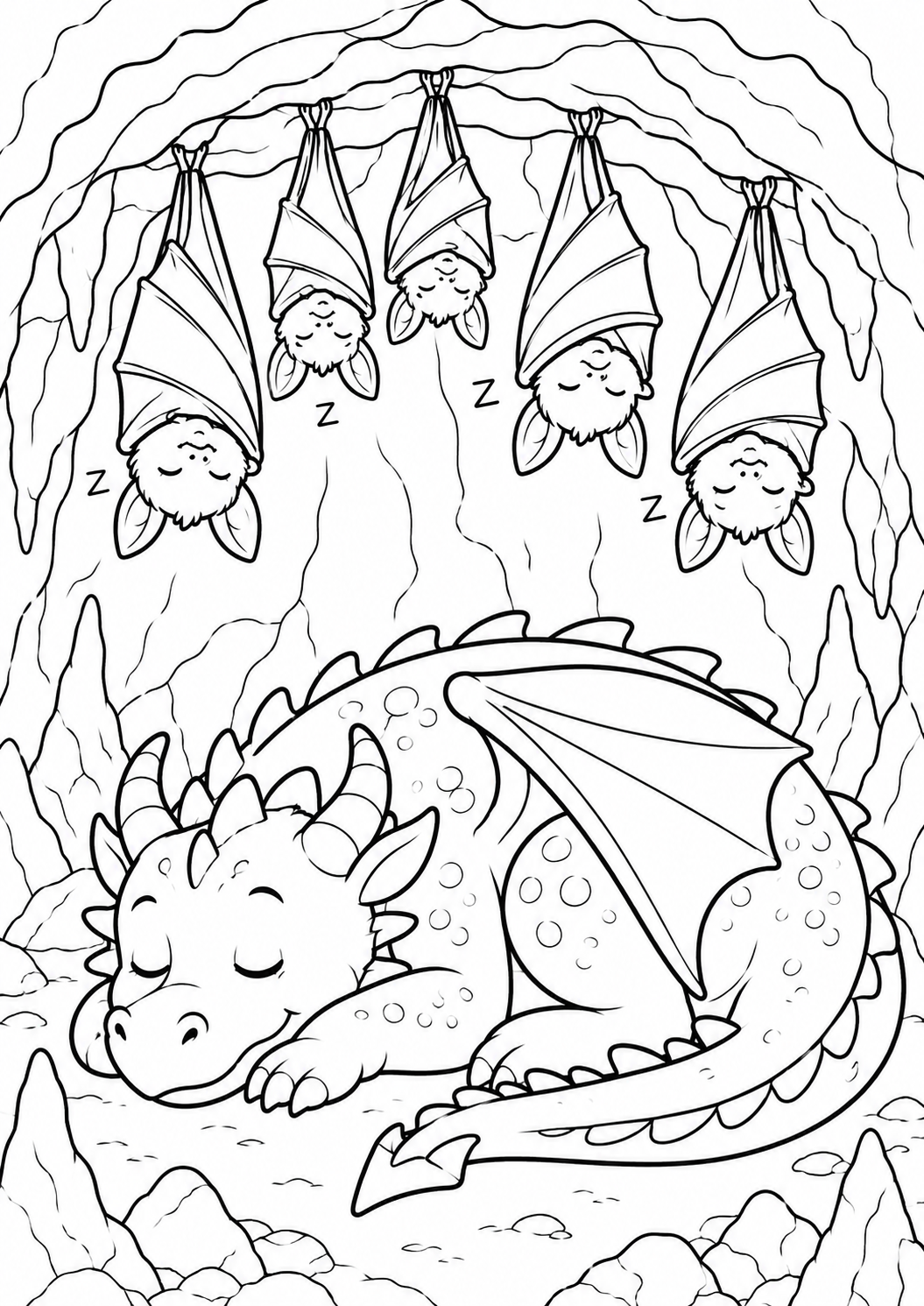 A peacefully sleeping dragon alongside five bats hanging upside down in a cave. The simple line art invites young artists to use their imagination and colorful creativity to complete the fantasy scene.