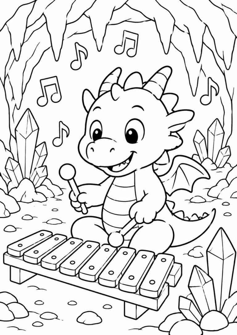 A happy dragon playing a xylophone amid magical crystals and musical notes, perfect for children's creativity and exploration.
