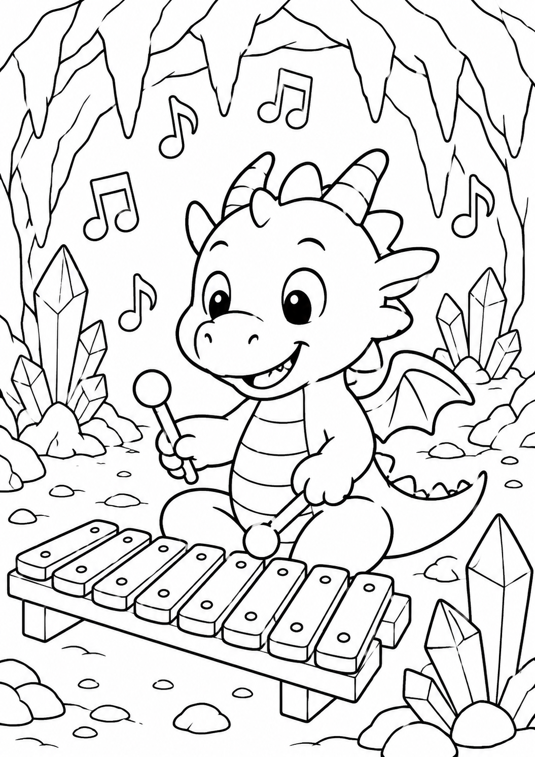 A happy dragon playing a xylophone amid magical crystals and musical notes, perfect for children's creativity and exploration.