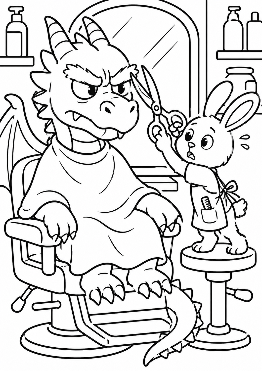 A whimsical coloring page depicting a dragon receiving a haircut from a bunny in a barbershop setting. The dragon looks skeptical, while the bunny is focused and a bit nervous, creating a charming and humorous scene for kids to color.