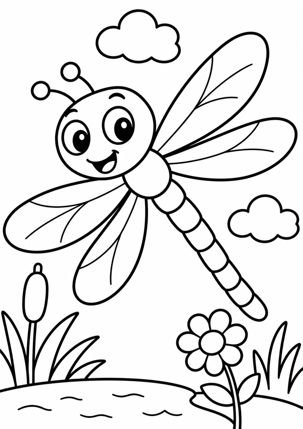 A cheerful dragonfly with large wings is flying above a pond, surrounded by plants and clouds, providing a fun and creative coloring activity for children.