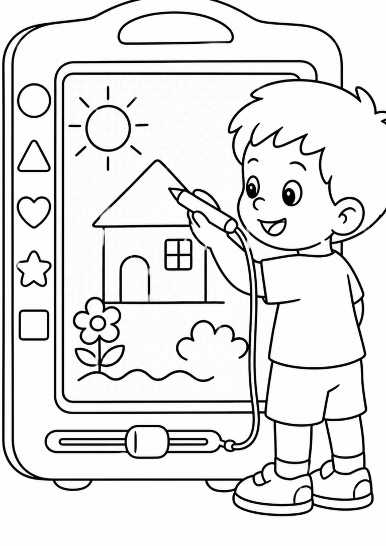 A child using a drawing tablet, sketching a simple house, sun, and flowers on the screen. Encourages creativity and imagination for young artists. A perfect activity for engagement and developing artistic skills.