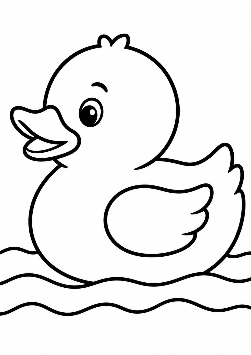 A cheerful duck coloring page with simple outlines. The duck is floating on wavy lines, inviting kids to color it imaginatively. Perfect for enhancing creativity and fine motor skills.