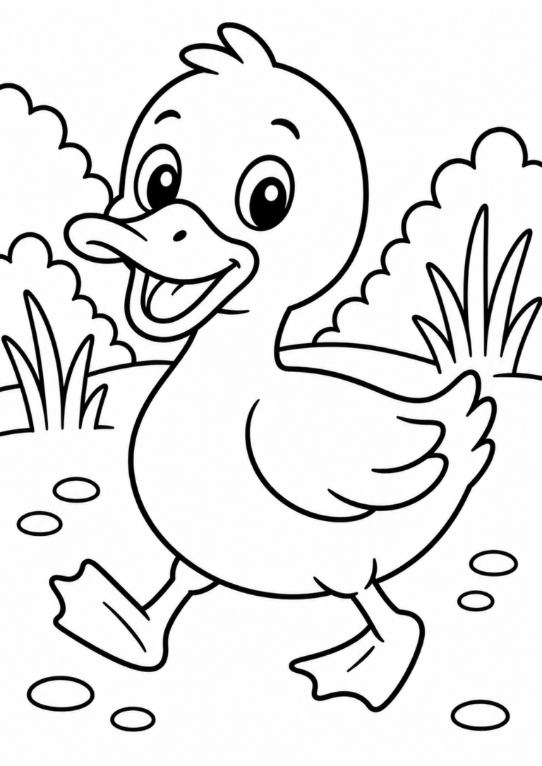 A playful duck on a coloring page set in a garden. The duck looks happy, surrounded by plants, making it perfect for children to color and enjoy.