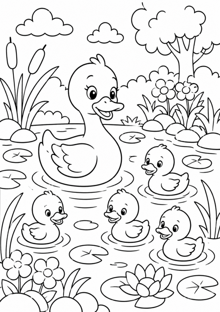 Charming coloring page of a duck family swimming in a tranquil pond. Kids can color the ducks, flowers, and lily pads to create a colorful nature scene.