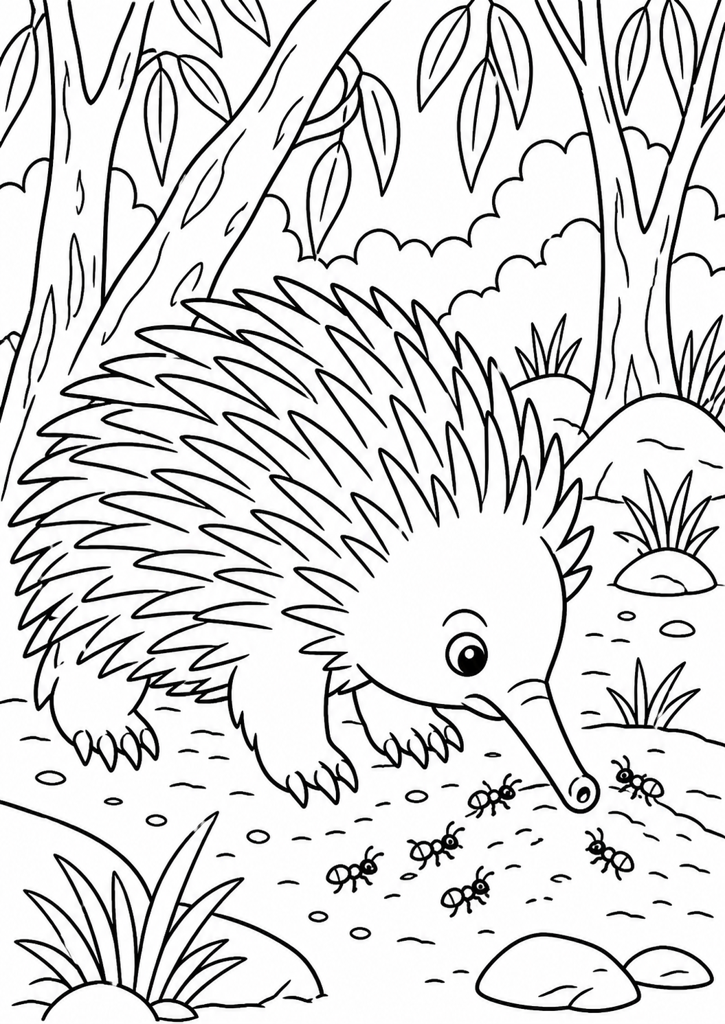 A charming echidna is depicted in its natural setting, surrounded by details like trees, rocks, and ants. This coloring page invites children to explore and add vibrant colors to the wilderness scene.