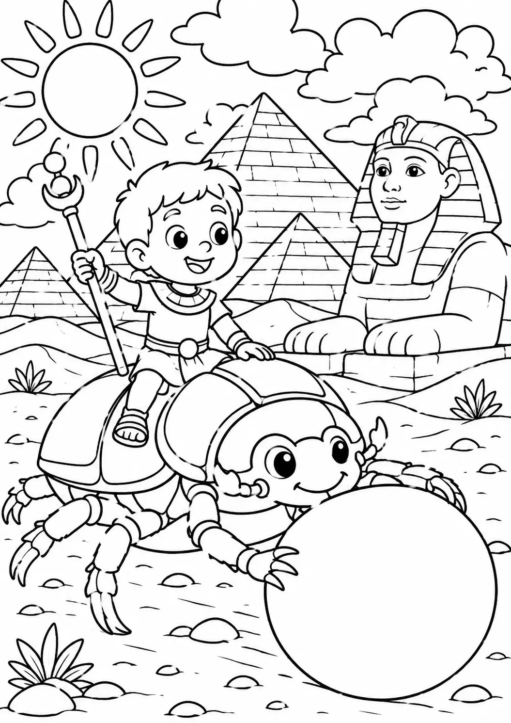 This coloring page presents a delightful Egyptian adventure with a young character riding a friendly beetle in a desert landscape, highlighted by iconic pyramids and the majestic Sphinx in the background.