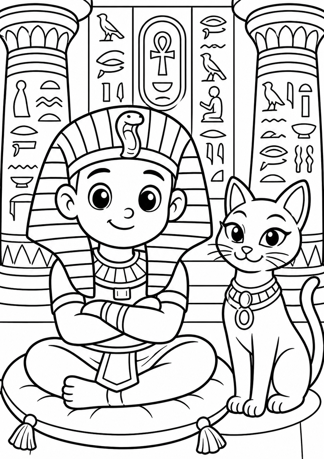 A children's coloring page depicting an Egyptian Pharaoh with traditional attire and a cat, both set against a background of Egyptian hieroglyphic columns.