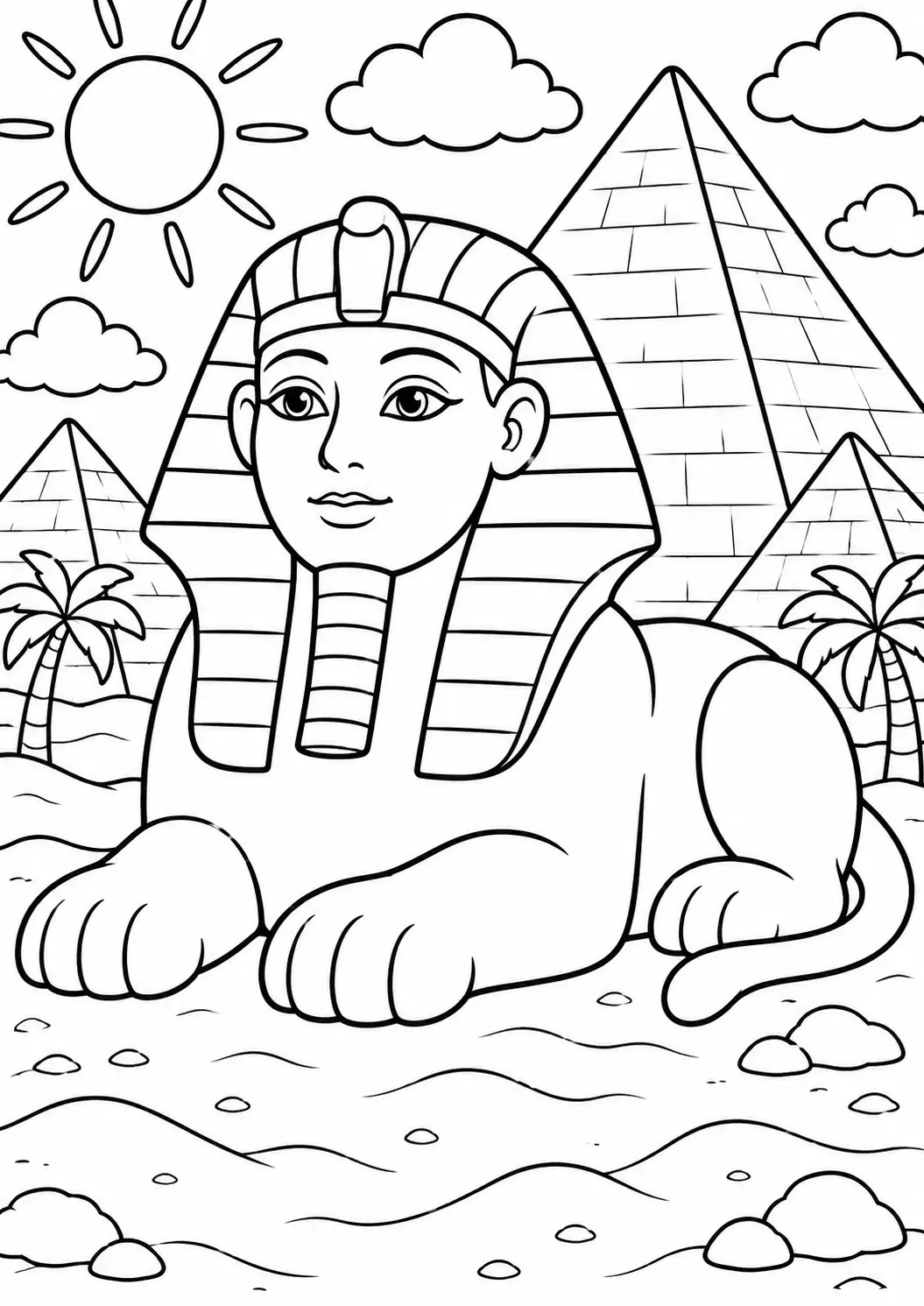 Children's coloring page of an Egyptian Sphinx, pyramids, and palm trees with a sunny sky, offering insight into the ancient world.