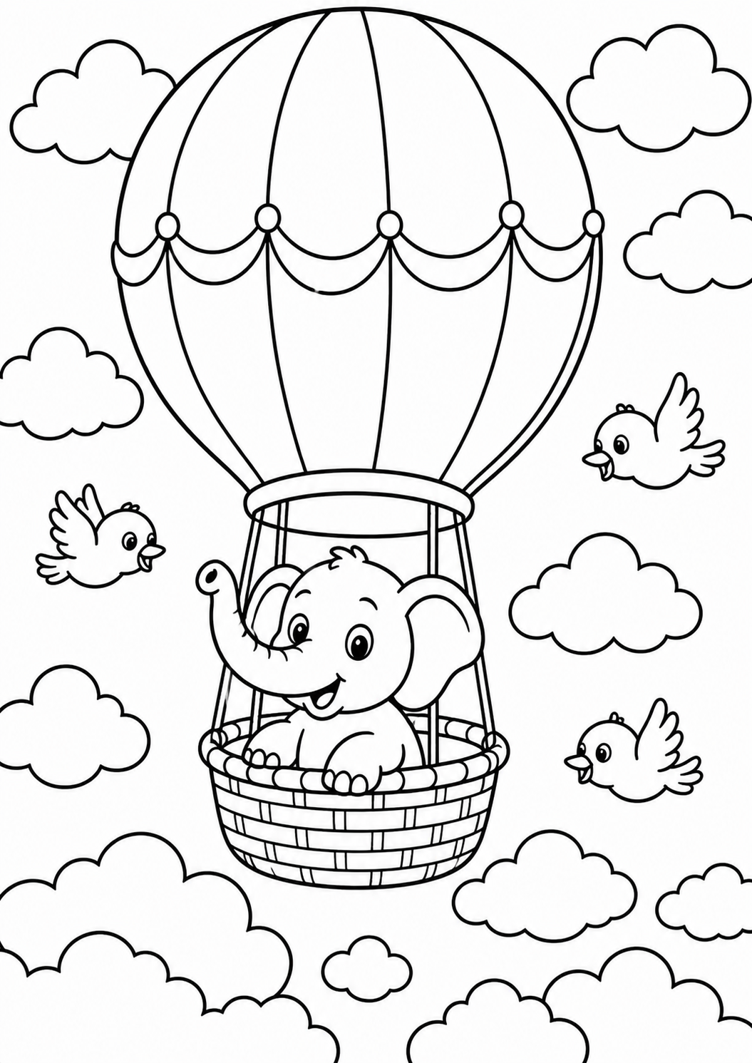 A charming coloring page of an elephant riding in a hot air balloon surrounded by clouds and flying birds, presenting a joyous aerial adventure for kids.