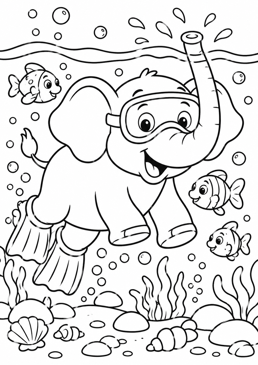 A happy elephant with a snorkel and flippers explores the underwater world, surrounded by friendly fish and bubbles. A delightful coloring activity for kids.