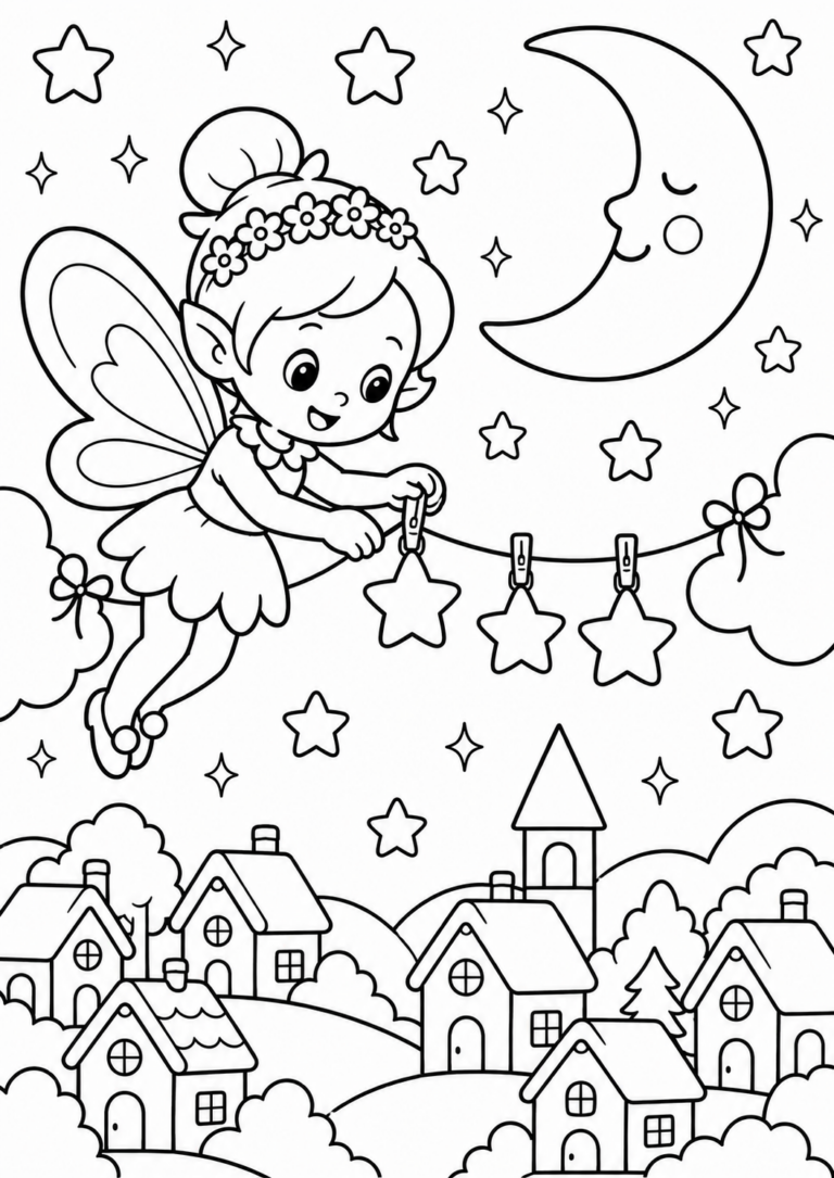 A whimsical fairy hangs stars in the night sky above a quaint village. Kids can enjoy coloring her elegant dress, delicate wings, and the smiling moon amidst twinkling stars.
