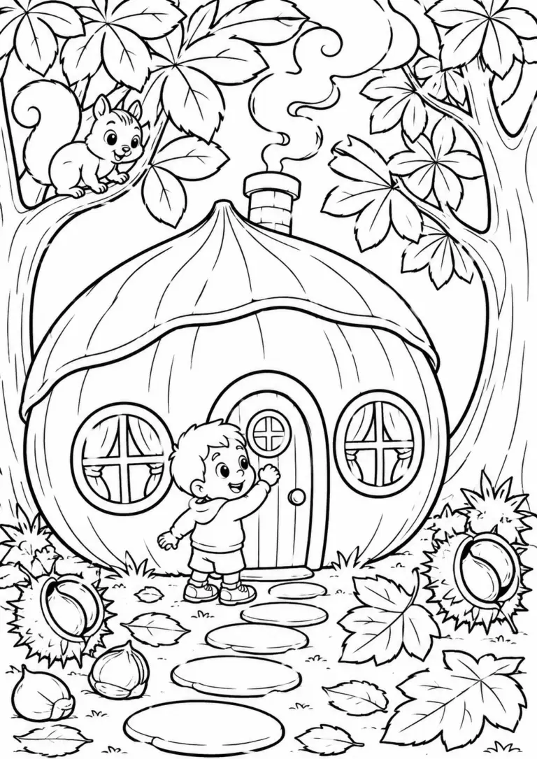 A delightful coloring page showing a fairy tale house with a child standing in front, surrounded by trees, leaves, and a squirrel, inviting creativity.