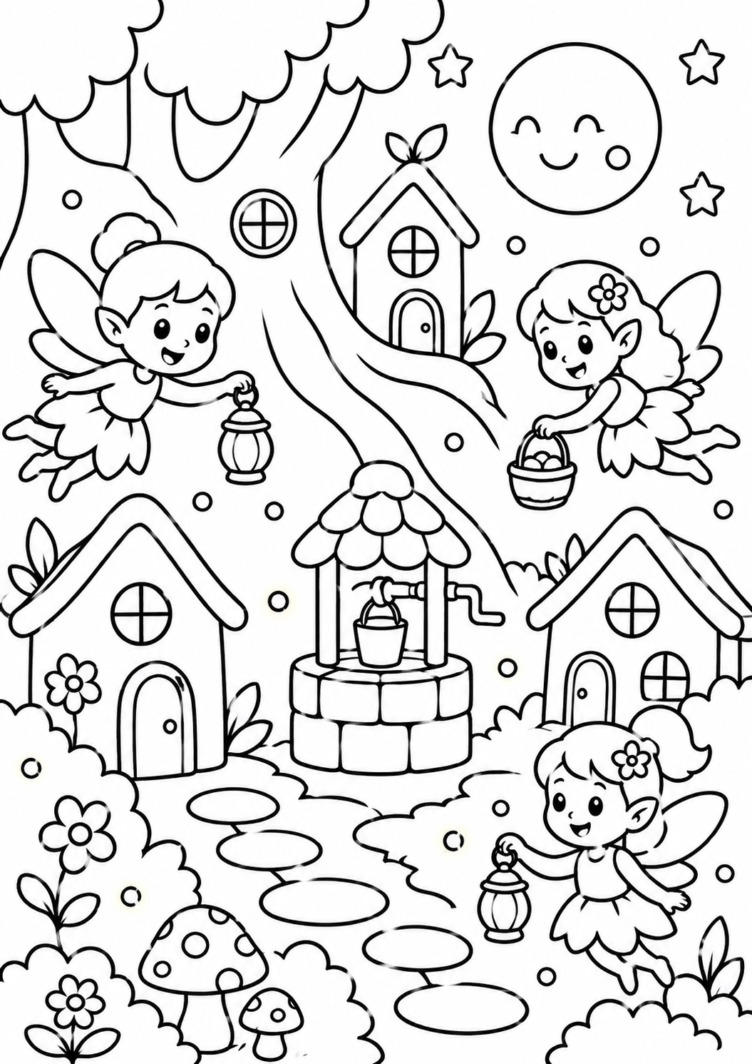 A whimsical fairy village featuring fairies with lanterns among cottages, trees, and a moonlit sky. Fairies are playfully interacting near a well, with trees and mushrooms enhancing the magical setting.