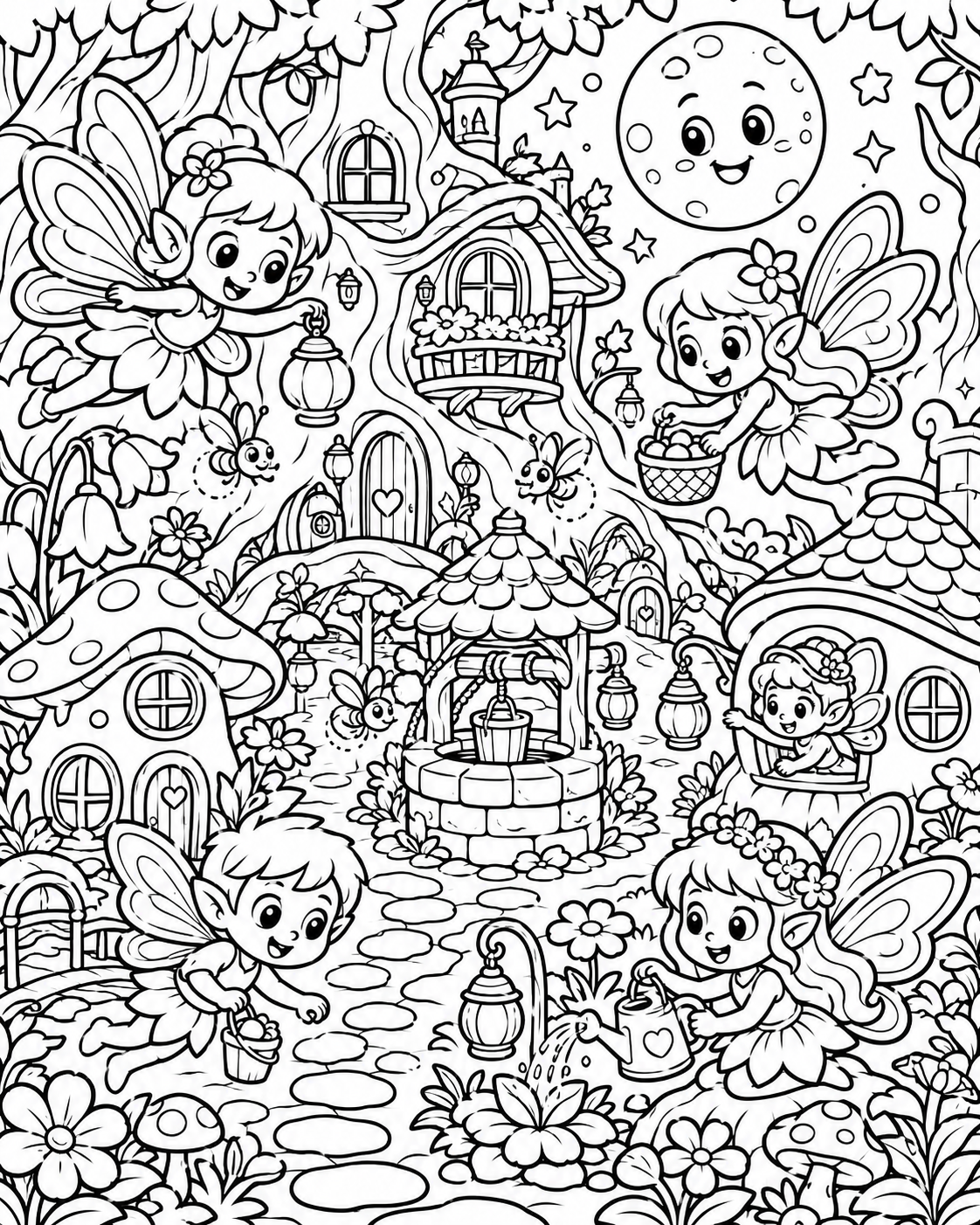 Whimsical fairy village with fairies, magical houses, and glowing lanterns under a smiling moon. Children can color enchanting gardens, fairies with wings, and more.