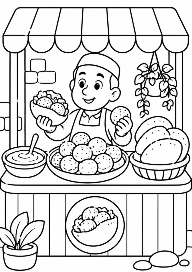 A coloring page showing a friendly falafel vendor at a stall, holding a falafel ball with a platter of falafel, bread loaves, and sauce pot.