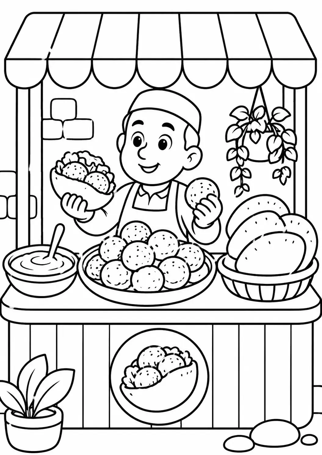 A coloring page showing a friendly falafel vendor at a stall, holding a falafel ball with a platter of falafel, bread loaves, and sauce pot.