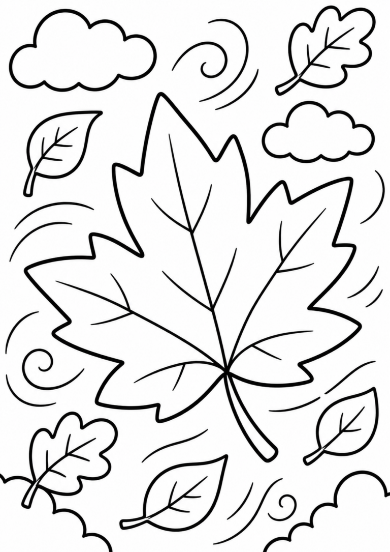 A children's coloring page of fall leaves swirling in the wind, with clouds and various leaf shapes, perfect for learning about the autumn season.