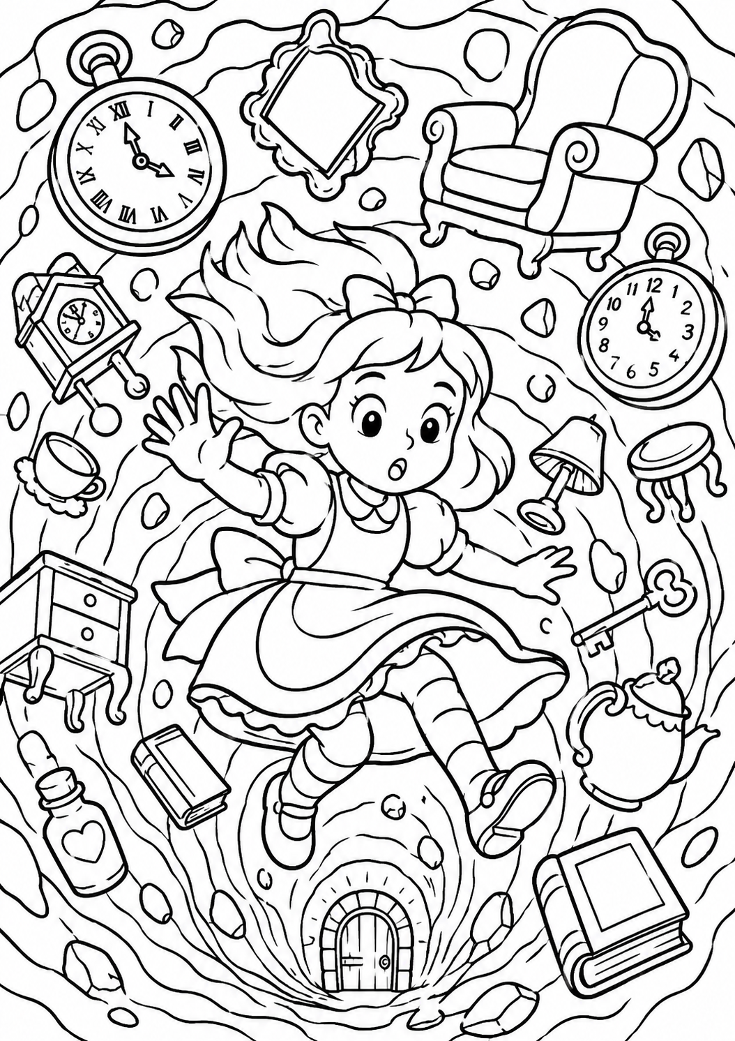 A girl in a whimsical dress falls through a magical tunnel with floating objects around her, such as clocks and books, symbolizing an adventurous journey into a fantasy world.