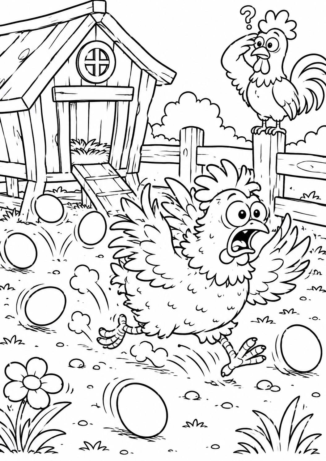 A lively coloring page showing a chicken running around on a farm, eggs scattered around, and a curious rooster on a fence observing the scene.