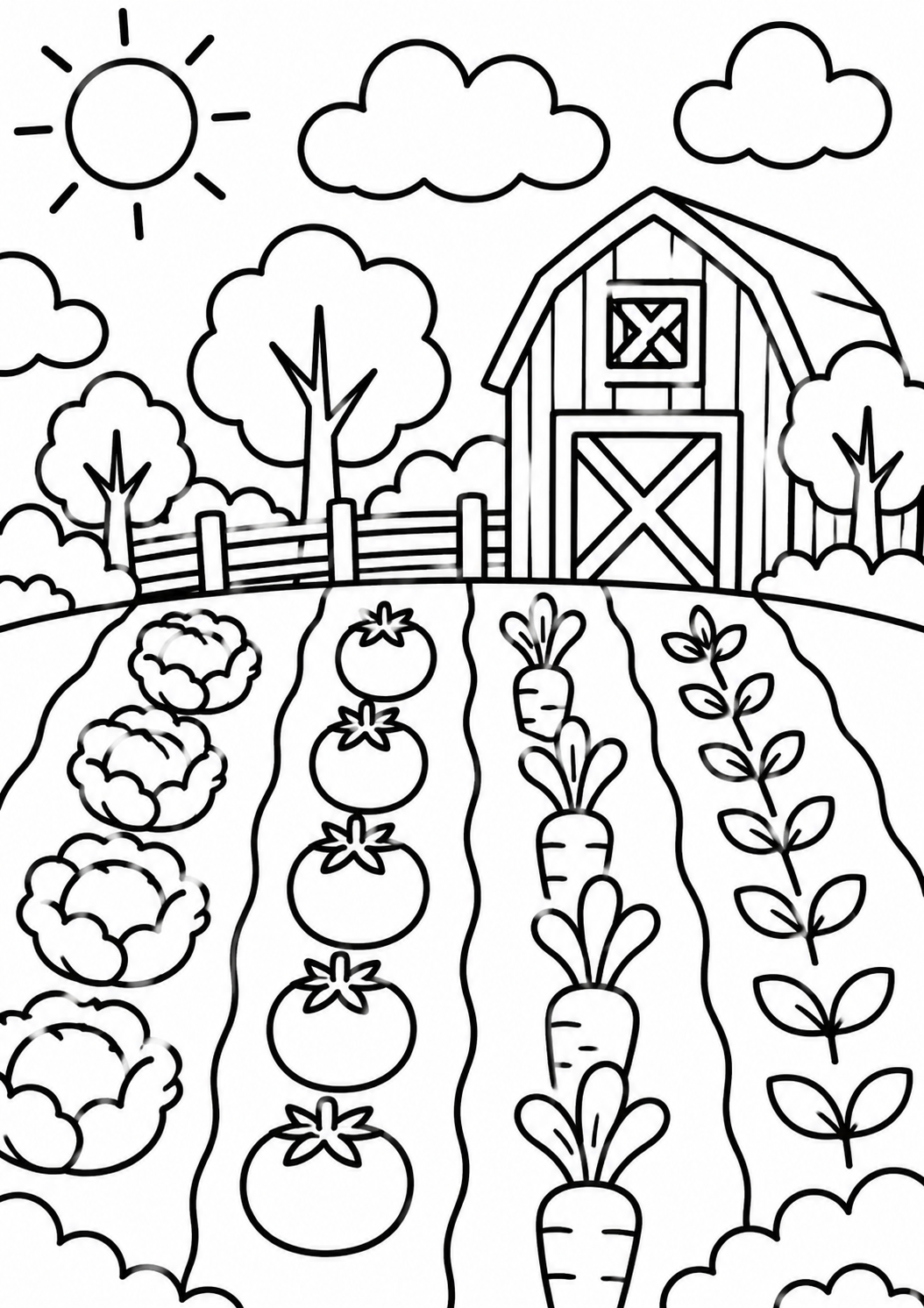 A children's coloring page depicting a scenic farm with a barn, rows of vegetables, and trees under a bright sun, designed to inspire creativity in kids.