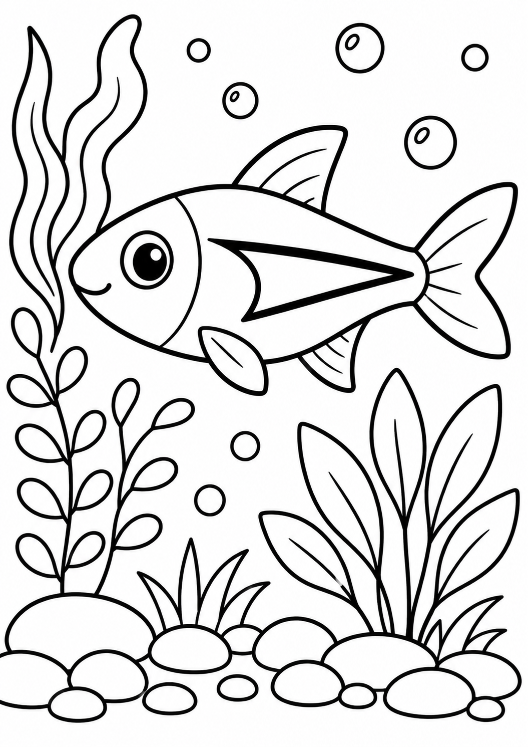 A cheerful fish swimming amid aquatic plants and bubbles. This children's coloring page invites young artists to explore their creativity as they color the underwater scene, featuring a happy fish and playful bubbles.