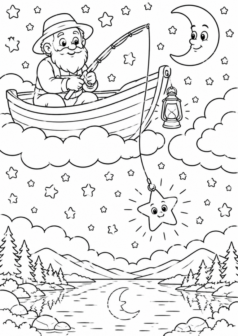 A coloring page showing an old man fishing in the clouds beneath a starry sky. A smiling moon and stars surround the scene, with a serene lake below.