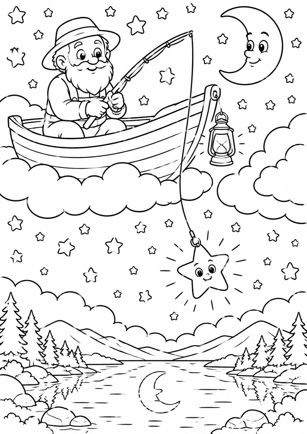 A coloring page showing an old man fishing in the clouds beneath a starry sky. A smiling moon and stars surround the scene, with a serene lake below.