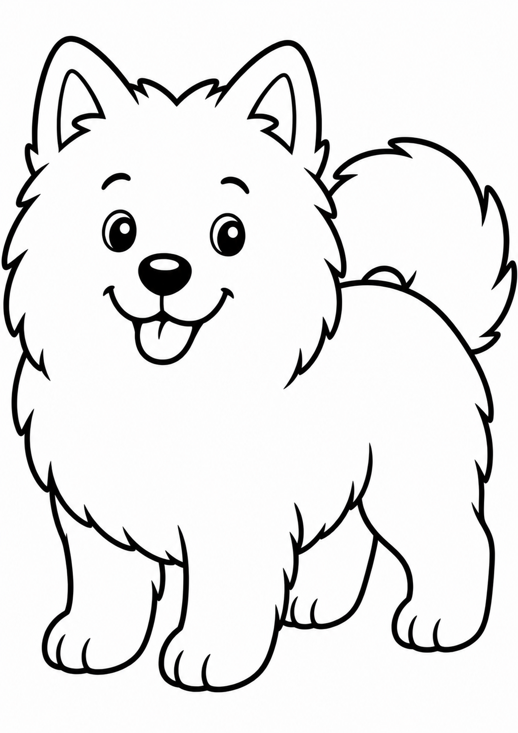 A cute fluffy puppy with a playful expression, designed as a coloring page for kids to color and enjoy. The image is simple and outlines the puppy, promoting creativity and skill development in young children.