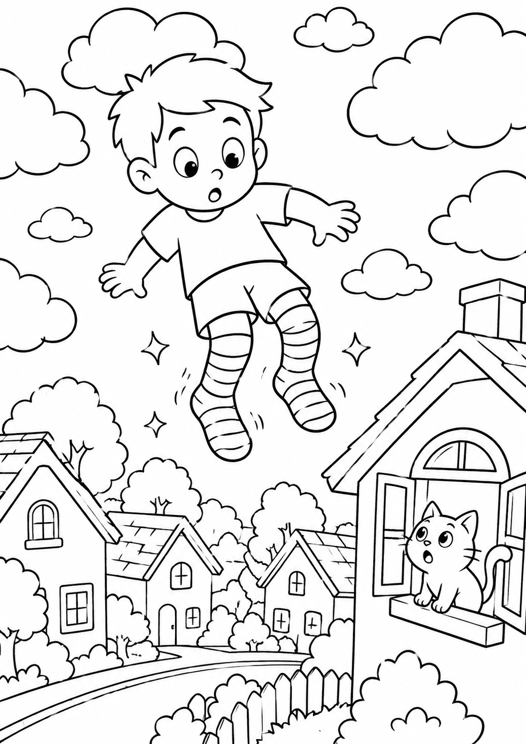A young boy floats through the sky with a surprised look, surrounded by fluffy clouds above a picturesque village. A cat watches from a window, capturing a whimsical and fantastical moment for children to color.