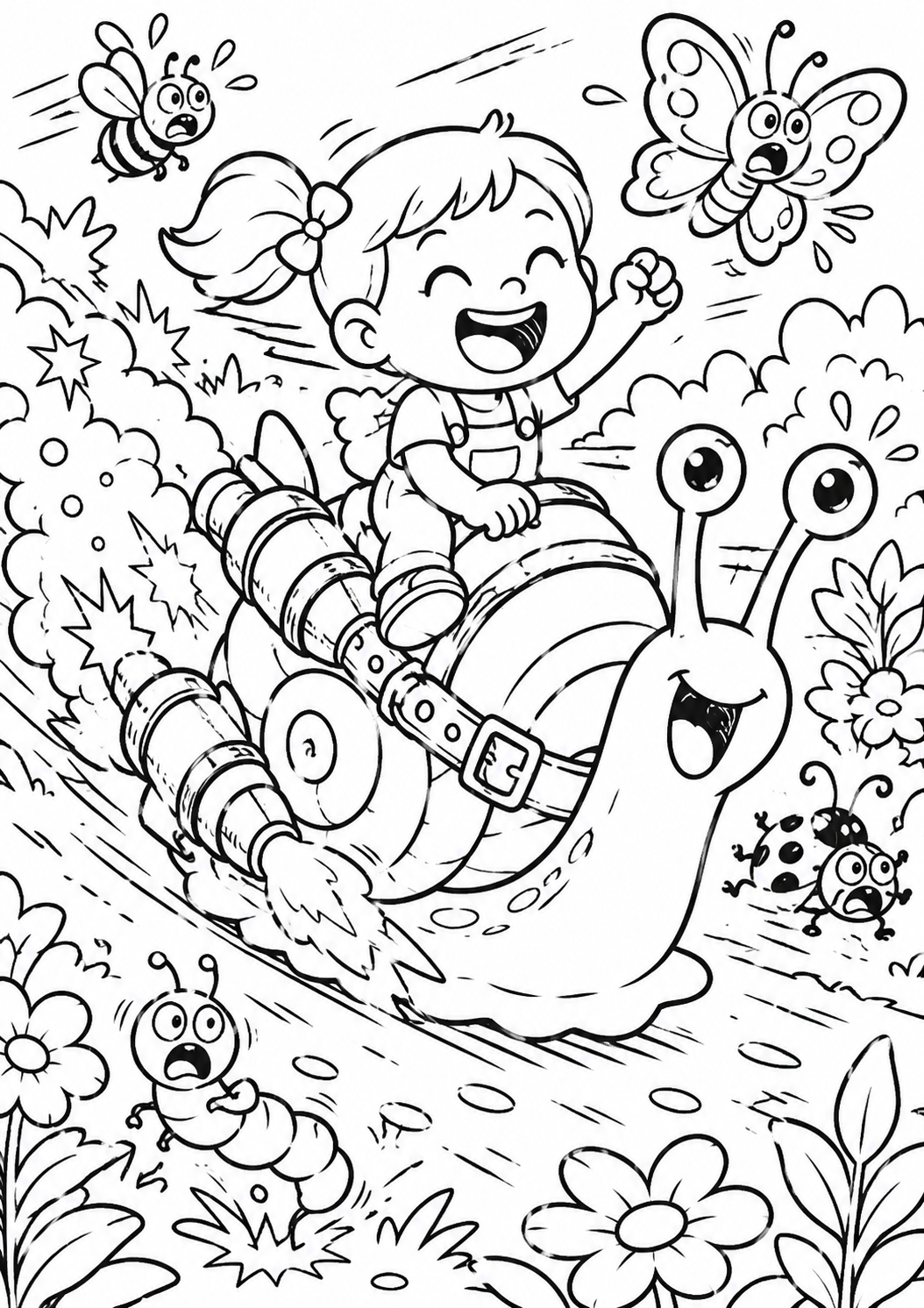 A child on a flying snail zips through a lively landscape filled with surprised insects. The joyful scene is perfect for coloring, fostering imagination with its whimsical elements and dynamic movement throughout.